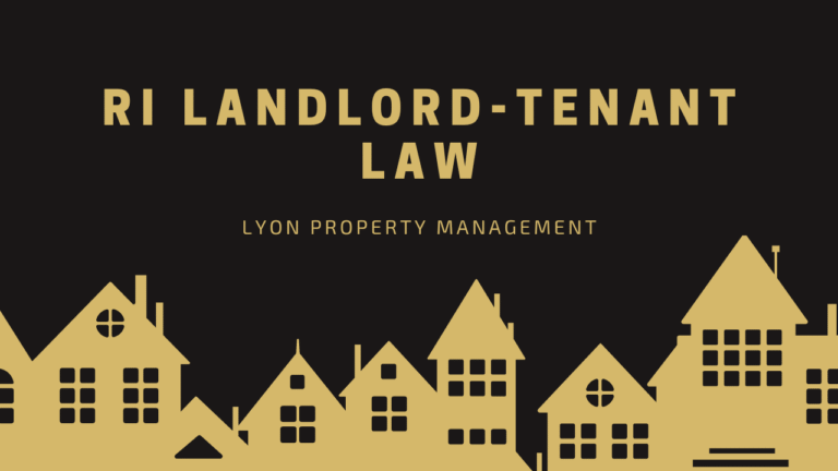 Yellow silhouettes of houses line the bottom of a black background. Large text reads RI Landlord-Tenant Law, with Lyon Property Group—serving Rhode Island and Eastern Connecticut—in smaller text below.