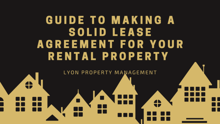 Black background with yellow house silhouettes at the bottom. Large text reads, Guide to Making a Solid Lease Agreement for Your Rental Property. Smaller text below says Lyon Property Group, your Rhode Island and Eastern Connecticut property management experts.