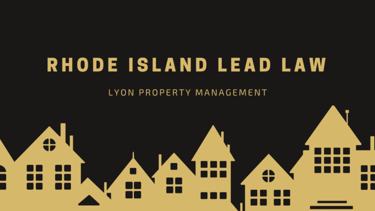 Yellow silhouettes of houses line the bottom against a black background, with "Rhode Island and Eastern Connecticut Lead Law" and "Lyon Property Group Property Management" featured prominently in the center.