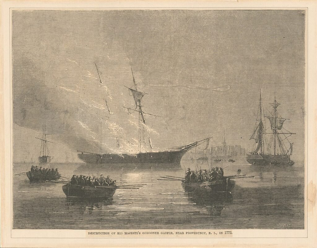 Destruction of His Majesty's schooner Gaspee, near Providence, R.I., in 1772.