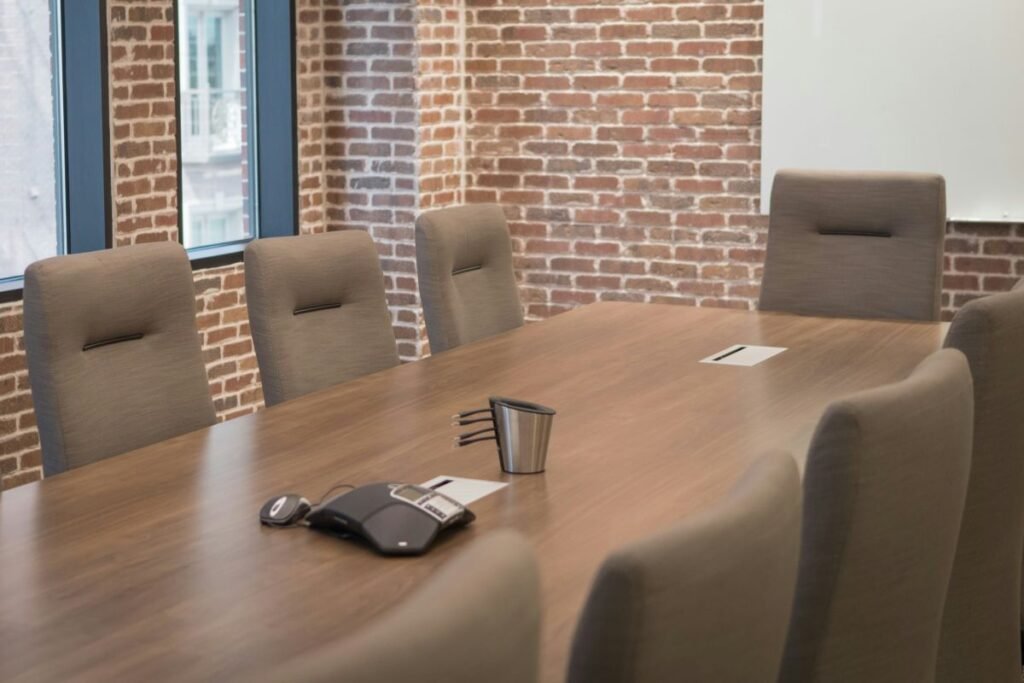 A large conference table in a modern space.