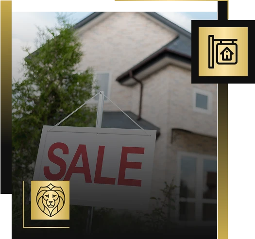 A large SALE sign is displayed in front of a modern house. The image is bordered with gold and black, featuring a lion icon and a house sign icon—highlighting Lyon Property Group's presence in Rhode Island and Eastern Connecticut.
