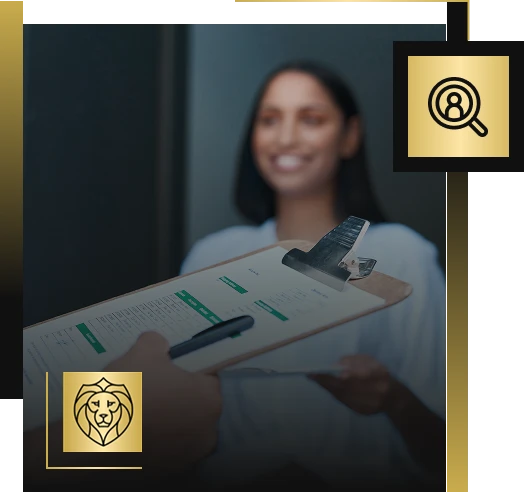A person in focus holds a clipboard with a form, while a smiling woman stands in the background. The corners feature the Lyon Property Group lion icon and a magnifying glass, highlighting Property Management in Rhode Island and Eastern Connecticut.