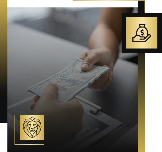 A close-up of one person handing a stack of U.S. dollar bills to another across a counter, with gold icons of a lion and a hand holding a money bag, representing Lyon Property Group's trusted property management in Rhode Island and Eastern Connecticut.