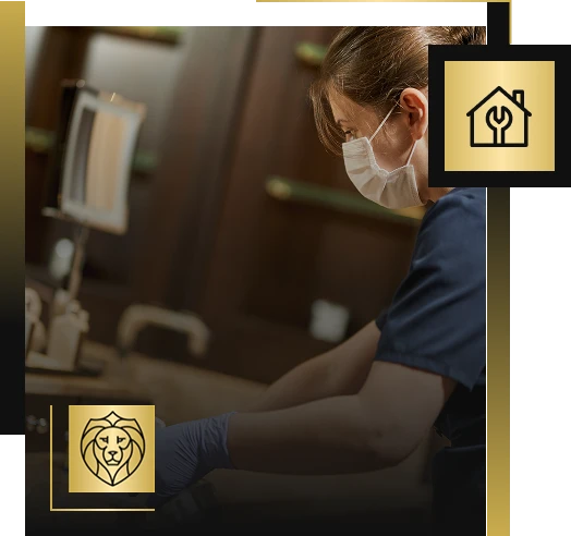 A person wearing a face mask and gloves works indoors; two icons overlay the image: a house with a wrench and a lion's head in decorative squares, reflecting Lyon Property Group’s dedication to property management in Rhode Island and Eastern Connecticut.