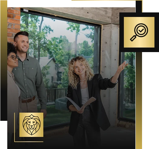 A real estate agent gestures while showing a modern, sunlit home to two clients. Large windows offer views of trees outside. Magnifying glass and lion icons nod to Lyon Property Group, serving Rhode Island and Eastern Connecticut.