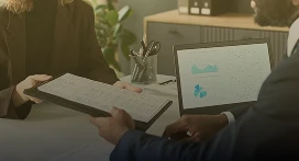 Two people in business attire sit across a desk; one hands a keyboard to the other. A laptop displaying charts and graphs is visible, highlighting Lyon Property Group’s commitment to property management in Rhode Island and Eastern Connecticut.