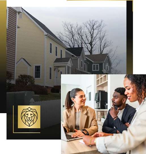 A collage featuring a row of suburban houses under a cloudy sky, the Lyon Property Group gold lion logo, and three professionally dressed people discussing property management in Rhode Island and Eastern Connecticut around a laptop.