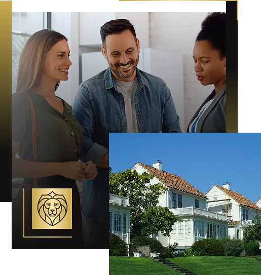 Three people, two women and one man, smiling and talking indoors, possibly discussing real estate. Below is a large white house with a red-tiled roof and green lawn. The Lyon Property Group gold lion logo highlights their expertise in property management.