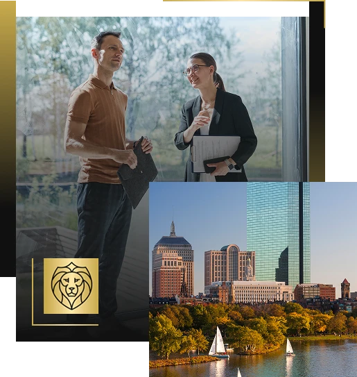 Two professionals stand and talk indoors, holding folders. Below them is a cityscape with tall buildings, trees, water, and sailboats. A gold lion logo for Lyon Property Group is visible in the lower left corner.