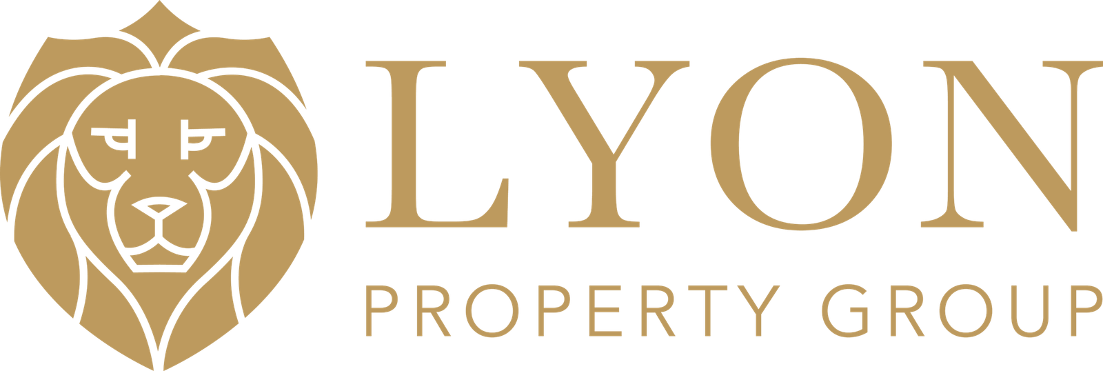 Logo for Lyon Property Group, a property management firm in Rhode Island and Eastern Connecticut, featuring a stylized gold lion’s head on the left with “LYON PROPERTY GROUP” in elegant gold capital letters to the right.