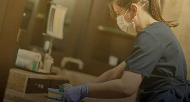 A person wearing a mask, scrubs, and gloves cleans a countertop with a cloth in a well-lit room—demonstrating the high standards of cleanliness upheld by Lyon Property Group in Rhode Island and Eastern Connecticut property management.
