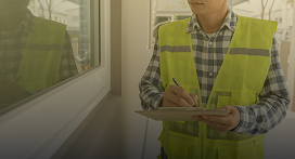 A person wearing a yellow safety vest and plaid shirt writes on a clipboard while standing near a window, possibly inspecting or assessing the building for Lyon Property Group, a property management team serving Rhode Island and Eastern Connecticut.