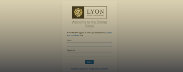 Login page for Lyon Property Group Owner Portal with fields for email and password, options to create or recover a password, and the Lyon logo and welcome message—serving Rhode Island and Eastern Connecticut.